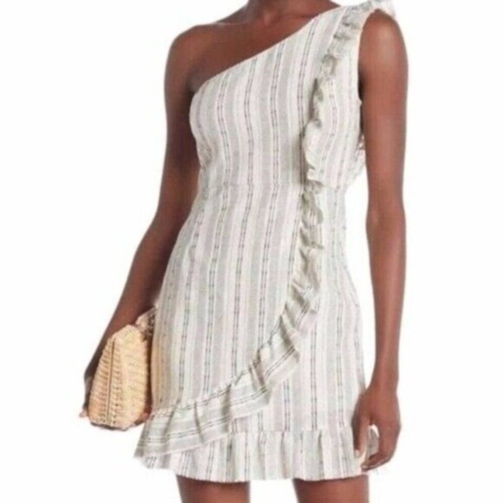 Line + Dot  One-Shoulder Striped Ruffled Mini Dress White Size Small